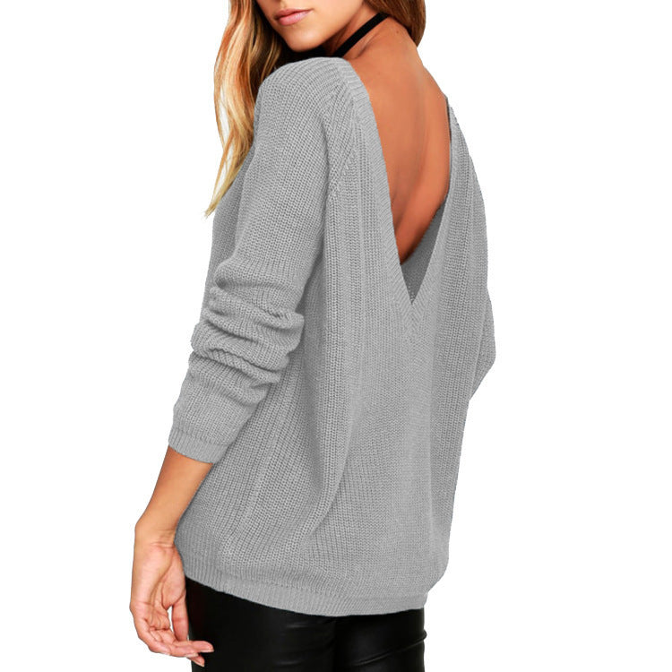 Womens Backless Knitted Sweater with a Deep V-neck in the Back