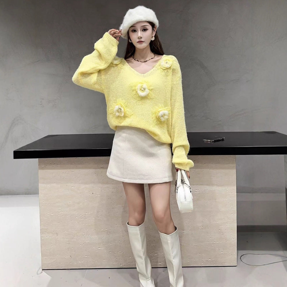 Gentle Style 3d Floral V-neck Sweet Age-reducing Sweater