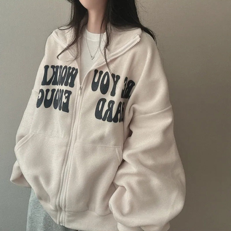 Women's Plus Velvet Alphabet Zip-Up Loose Cardigan Sweater