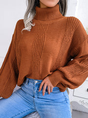 Women Turtleneck Cable Knit Lantern Sleeve Sweater Top