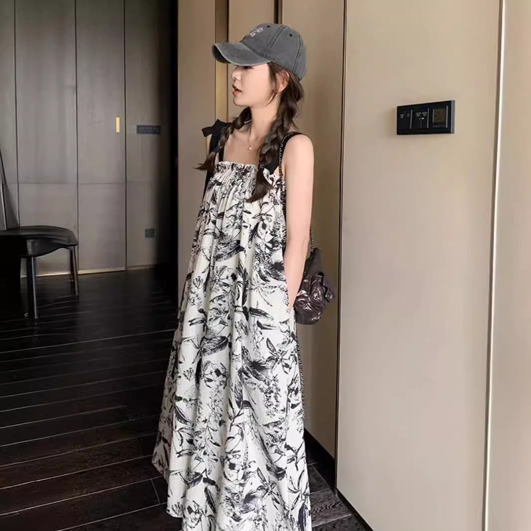 Floral-print Strap Casual Loose-fitting Tube Dress