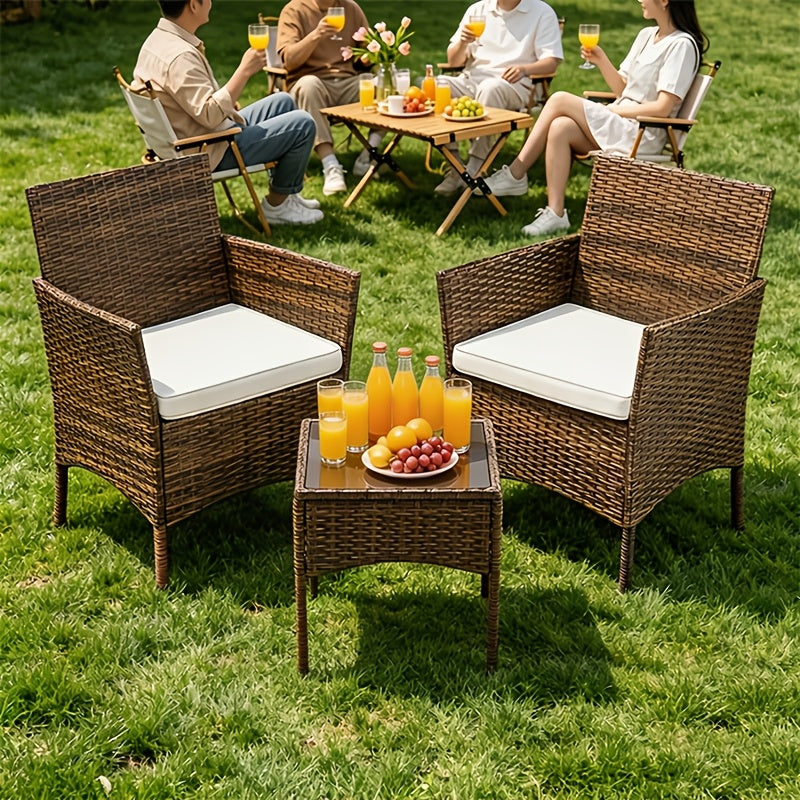 [Outdoor Sofa Set] 3pcs Outdoor Furniture Set, 2-Seater Sofa Conversation Set with Soft Cushion & Glass Side Table, Weather Resistant Patio Leisure Sofa Set for Courtyard Balcony Porch Poolside Garden