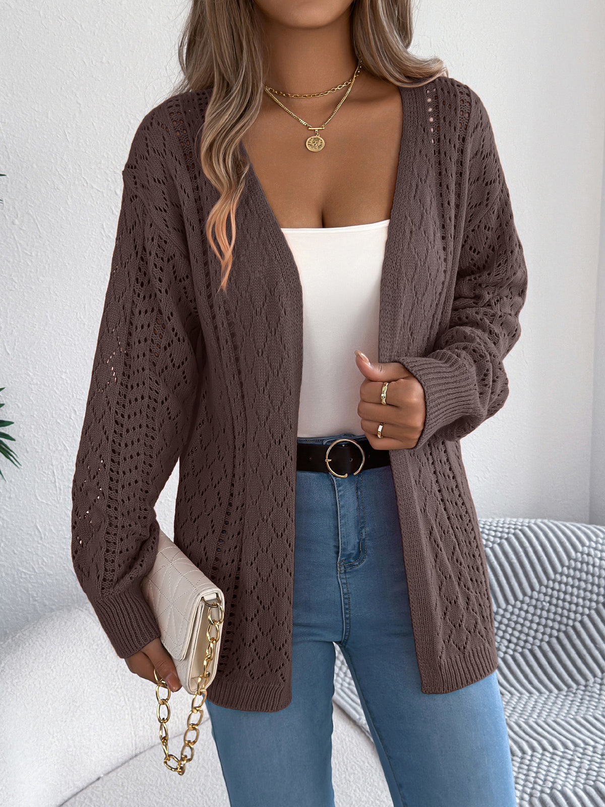 Women Hollow Out Lantern Sleeve Long Sleeve Cardigan Sweater Coat