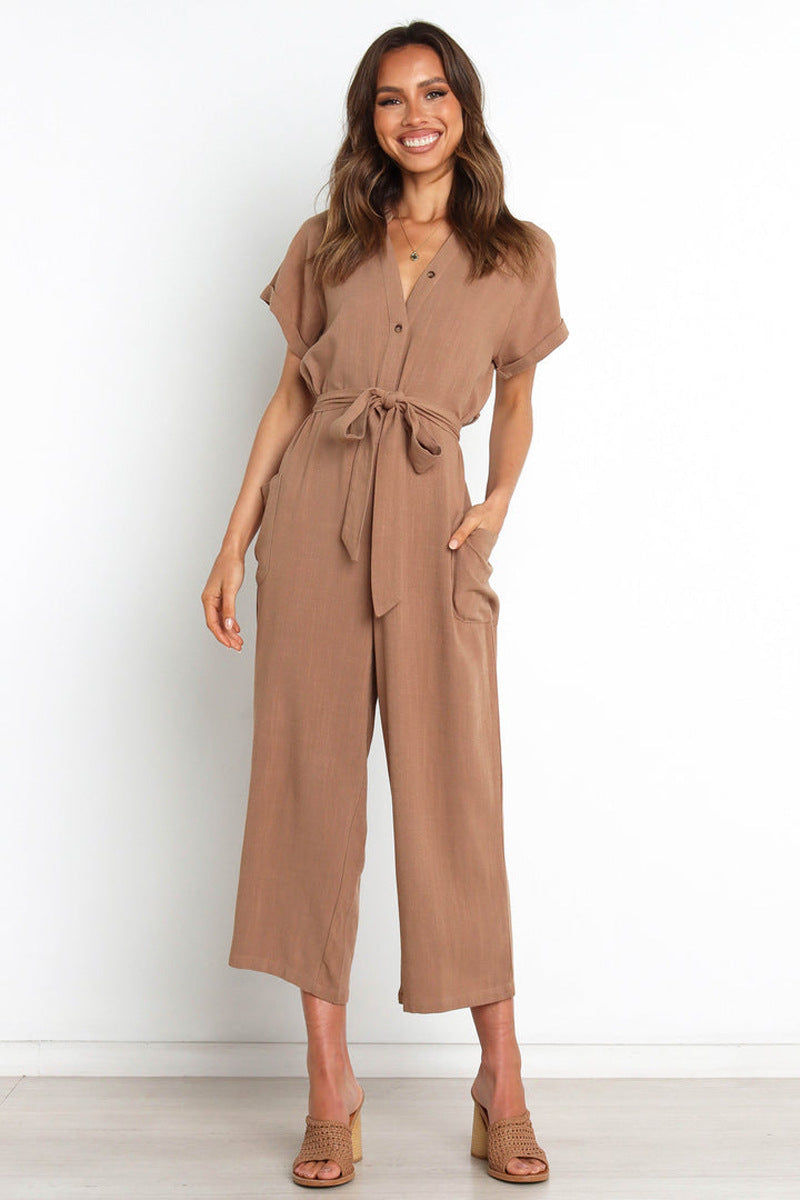 V-Neck Cropped Wide-Leg Jumpsuit for Women