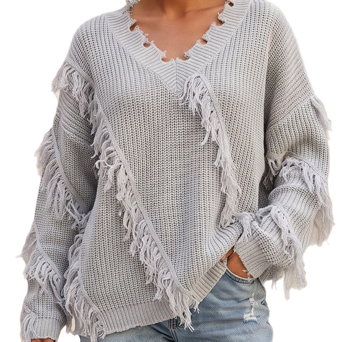 Off-shoulder Loose-fit Deep-v-neck Pullover Knit Sweater