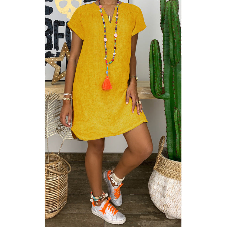 New Amazon Wish Hot Spring Summer Loose Skirt Short Sleeve V-neck S…