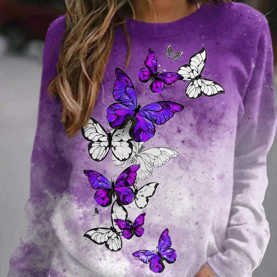 Floral Butterfly Print Loose Casual Pullover Sweatshirt