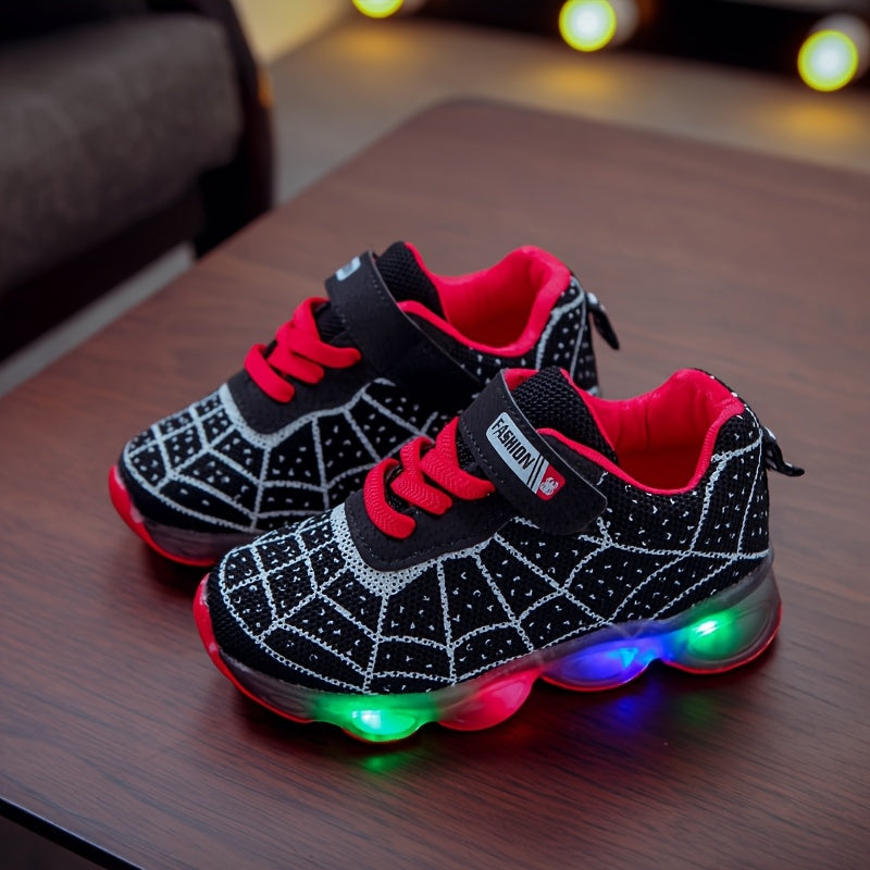 Children's Luminous LED Light-Up Sneakers with Mesh Spider Design
