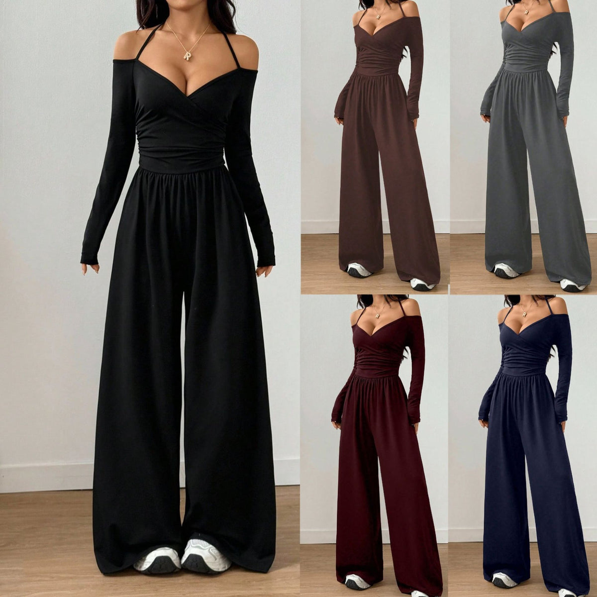 V-neck Halter Lace-up Long-sleeve Jumpsuit For Women