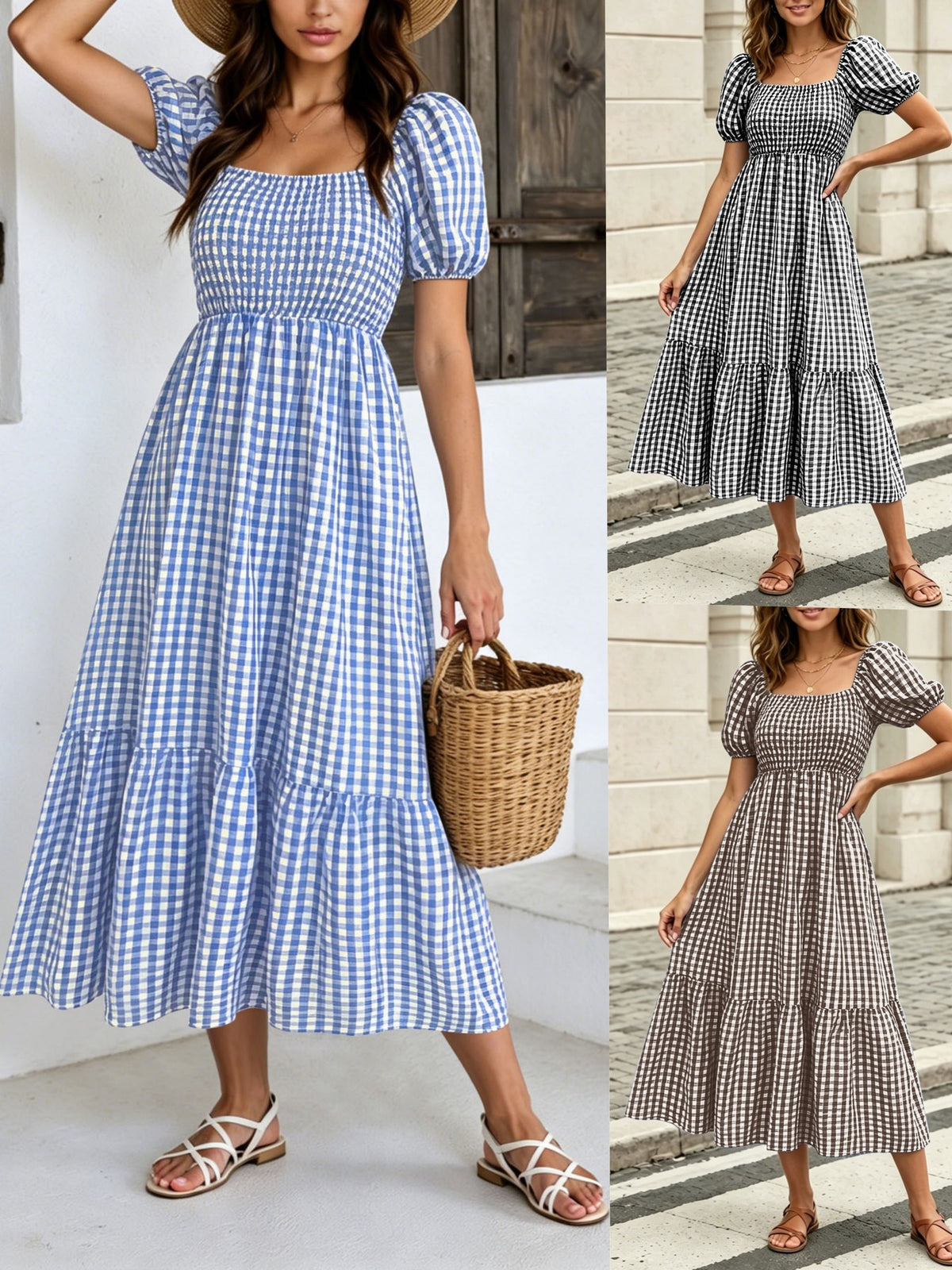 Retro Puff Sleeve Vichy Check Tiered Midi Dress
