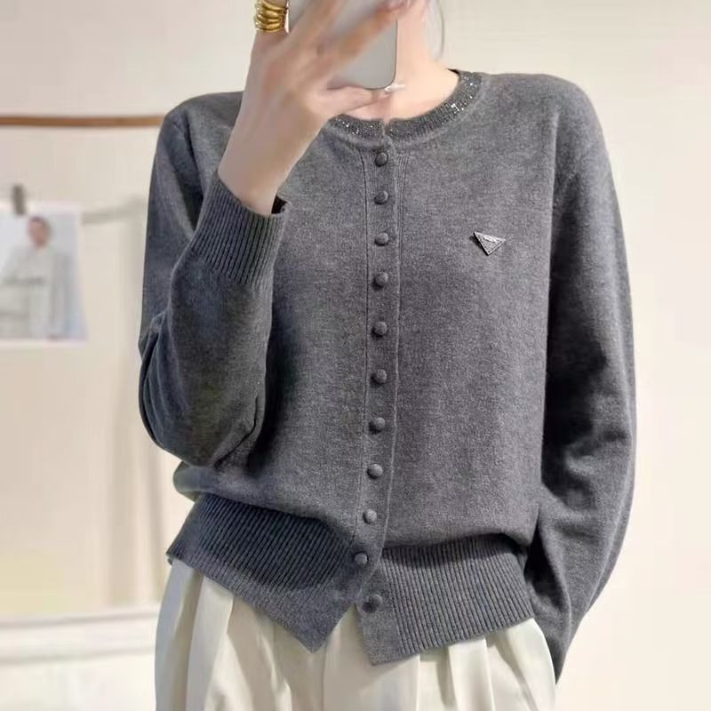 Womens Round-neck, Diamond-embellished, Solid-colored Knit Cardigan
