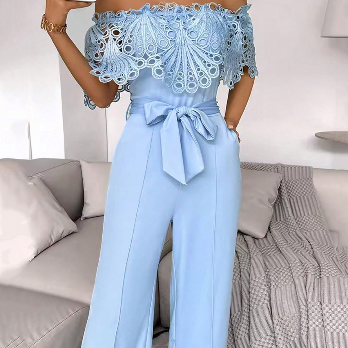 Womens Fashionable Sexy Off-Shoulder Jumpsuit With Ruffled Hem