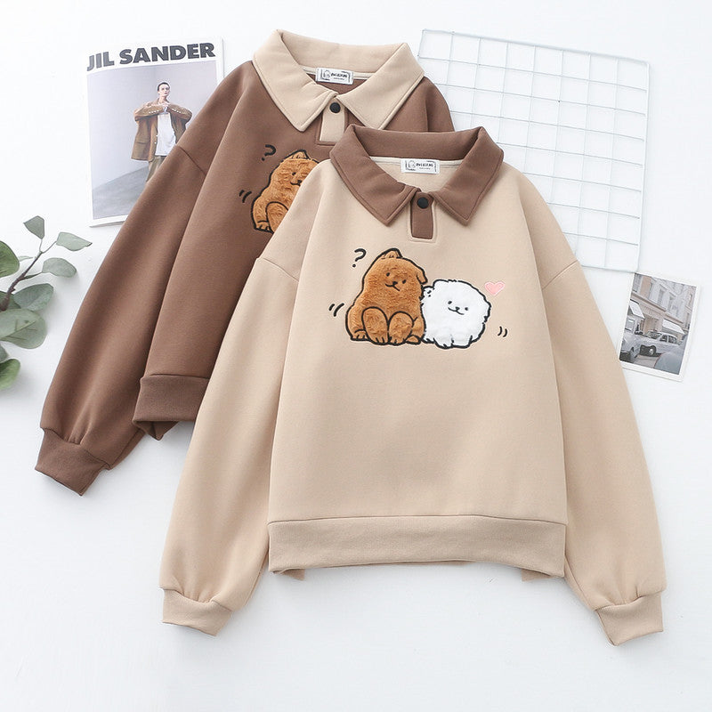 Cute Cartoon Dog Fleece-Lined Pullover Sweater