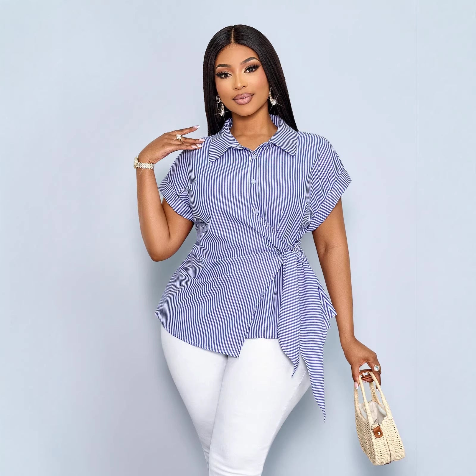 New Striped Loose-fitting Trendy Asymmetrical Lace-up Shirt