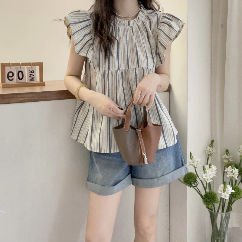 Vertical Stripe Ruffle Sleeve Top - Women's Korean Style Loose Fit Flattering Shirt