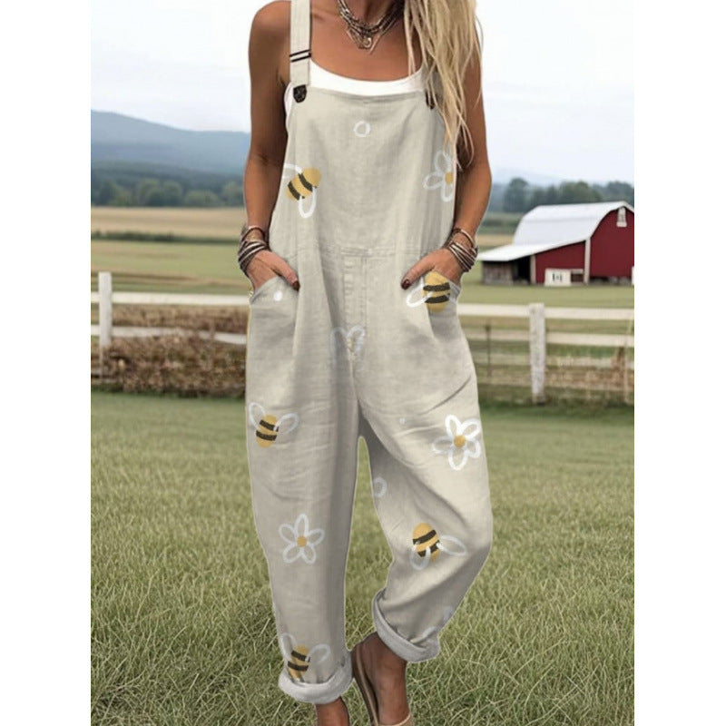 Women's Vintage Print Sleeveless Loose Casual Jumpsuit