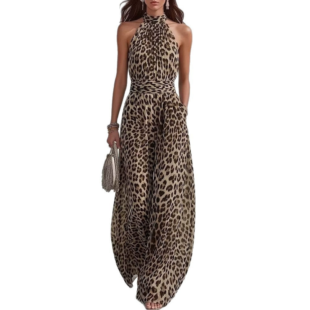 Leopard Print Halter Sleeveless Casual Jumpsuit