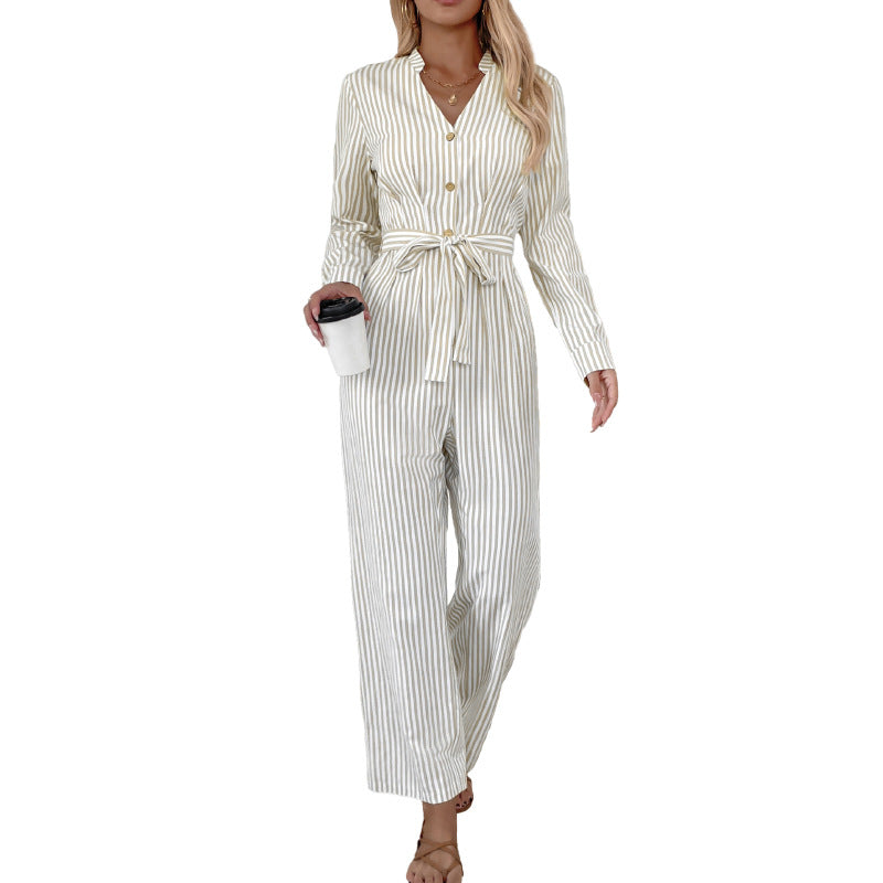 Chic Striped Lace-Up Commuter Jumpsuit