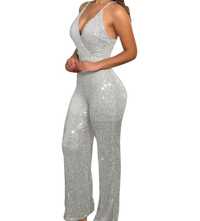 Sequined V-Neck Spaghetti Strap Jumpsuit