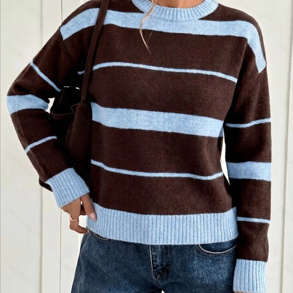 Fallwinter Fashionable Color Block Striped Knitted Pullover
