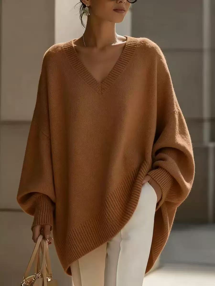 Solid-color Long-sleeve V-neck Laid-back Style Womens Sweater Top