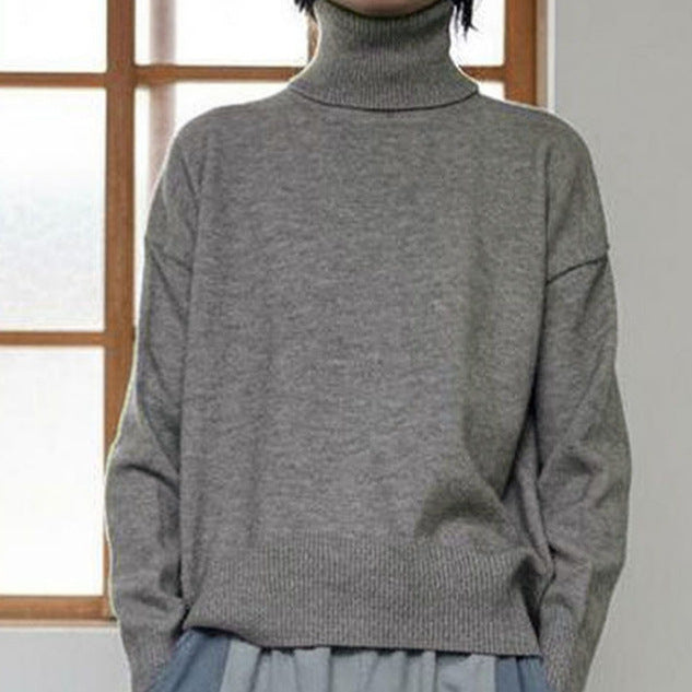 Elegant Commuter Knitted Long-sleeve T-shirt with a High Neck Pullover Sweater