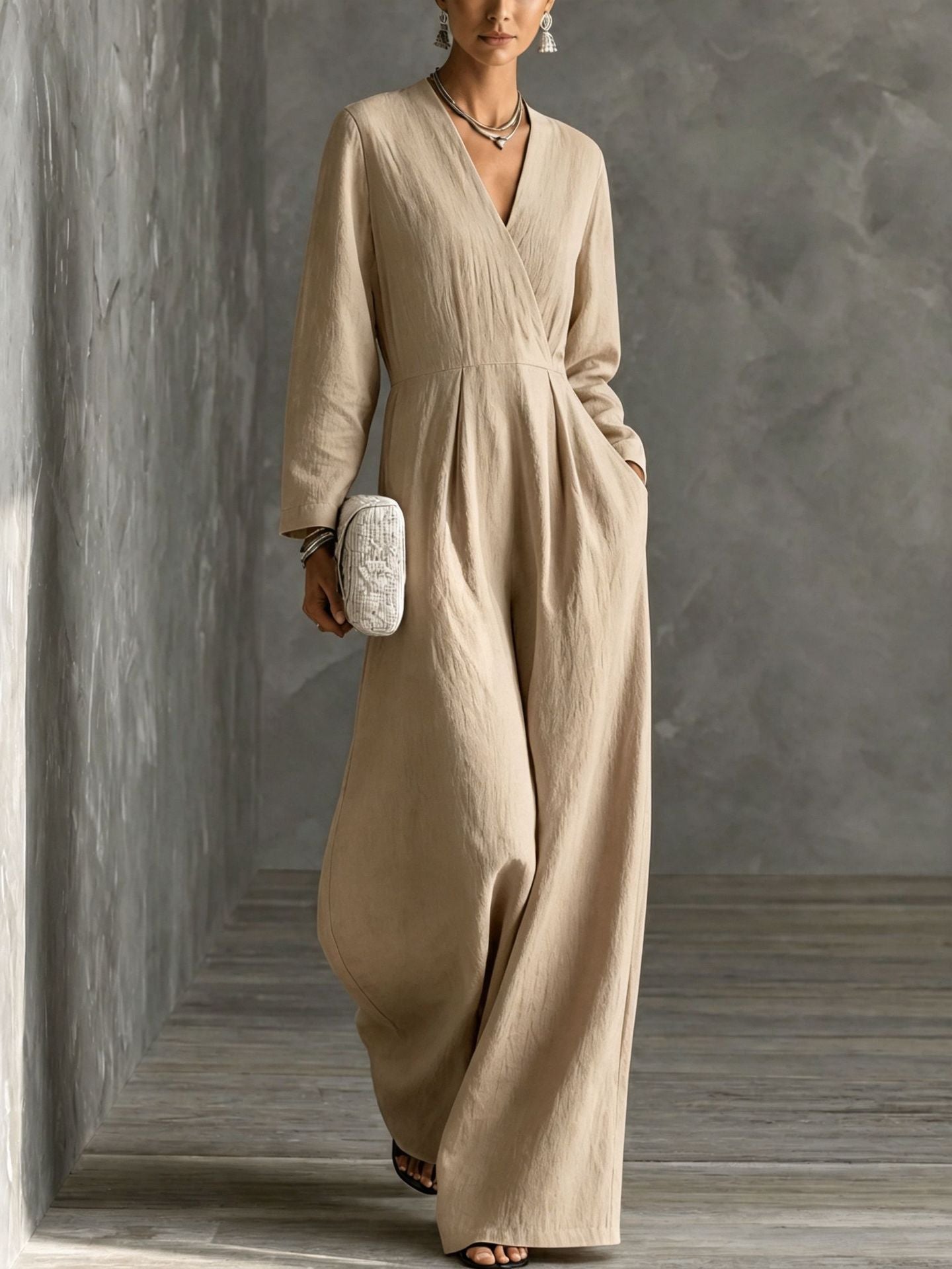 Chic V-Neck Long-Sleeve Wide-Leg Jumpsuit