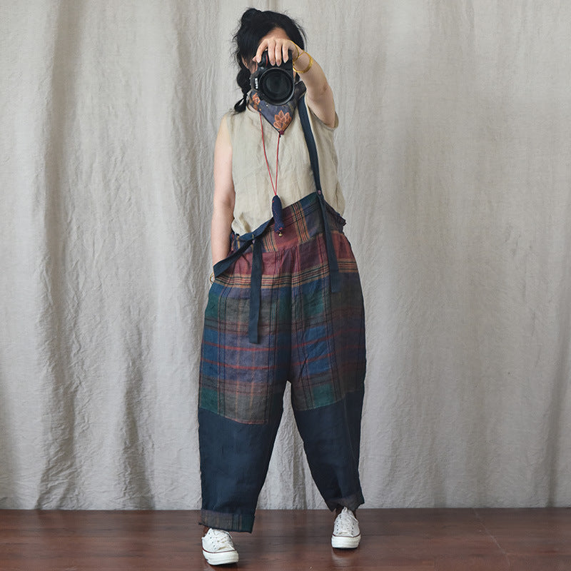 Chic Linen Patchwork Suspender Pants for Women