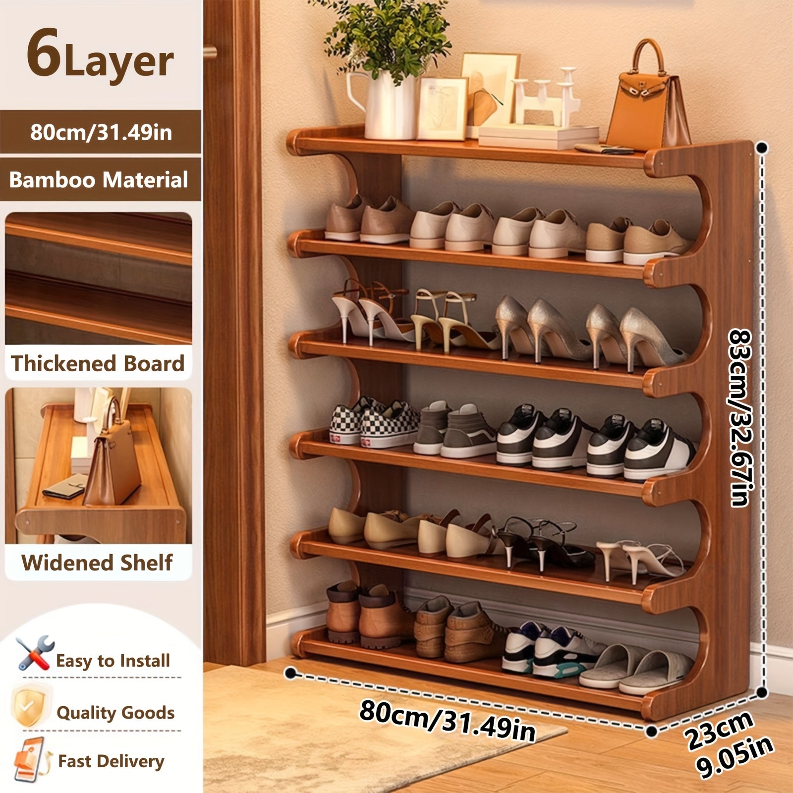 1pc Bamboo Shoe Rack 5-Tier/6-Tier Heavy-Duty Bamboo Wood-Like Holds 18 Pairs of - Space-Saving Wide Shelf Entryway Organizer, Easy Assembly Standing Shoe Cabinet for Front Door, Living Room, Garage