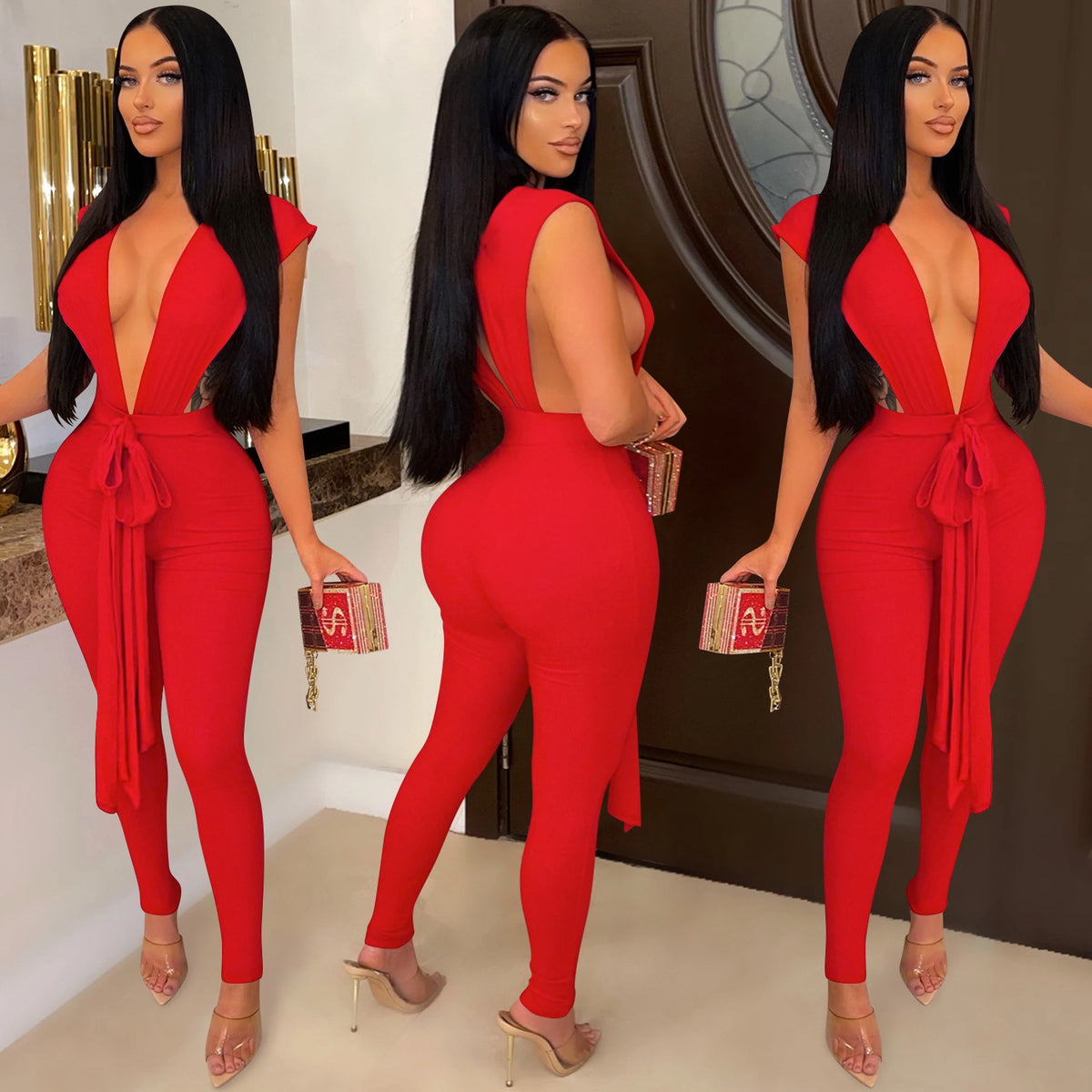 Women's Deep V-Neck Sleeveless Bandage Jumpsuit
