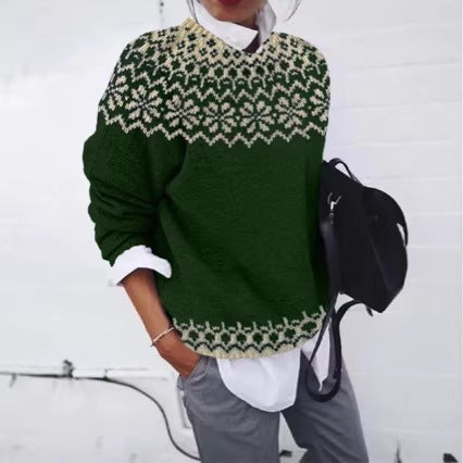 Womens Loose Fashionable Crew-neck Knit Sweater
