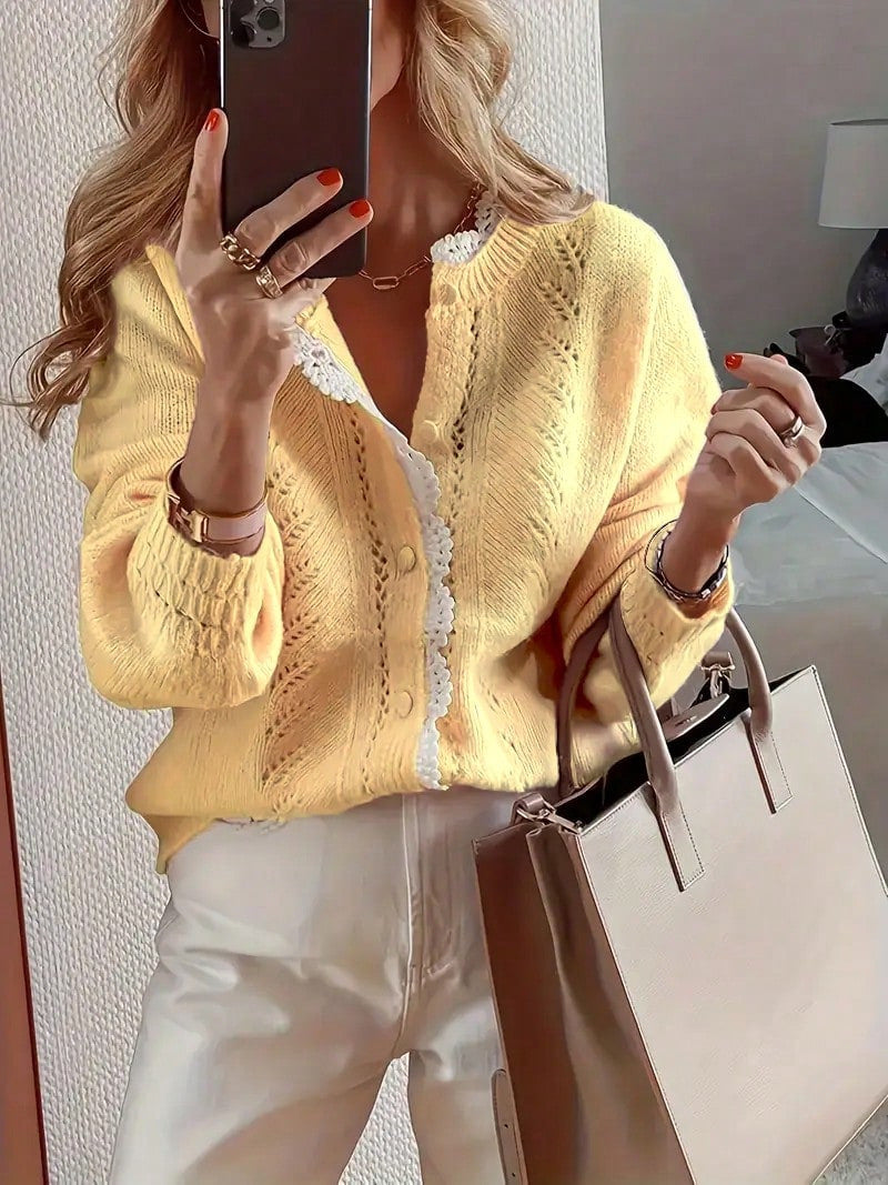Womens Autumn Winter Lace-trim Knitted Cardigan