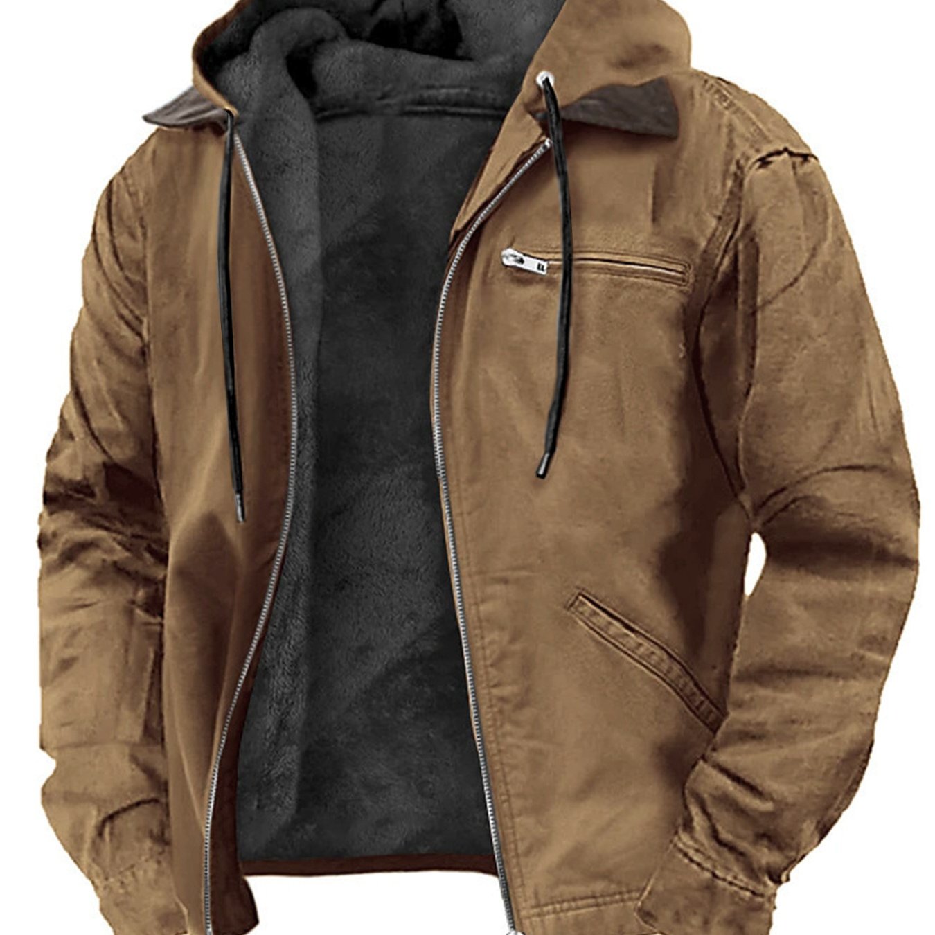 2025 New Autumn Winter Men's Vintage Loose Hooded Zip Jacket, 95% Polyester 5% Cotton Blend, Lightweight 350gsm, Front Pocket Design, Solid Color Spring Autumn Casual Coat, Perfect Gift Choice