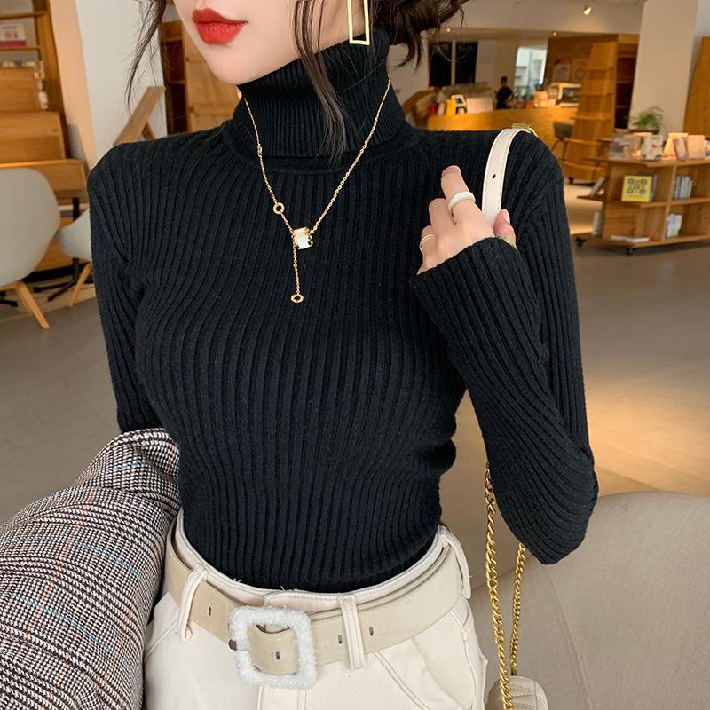 Womens Thick Solid-colored Slim-fit Warm Turtleneck Base Sweater