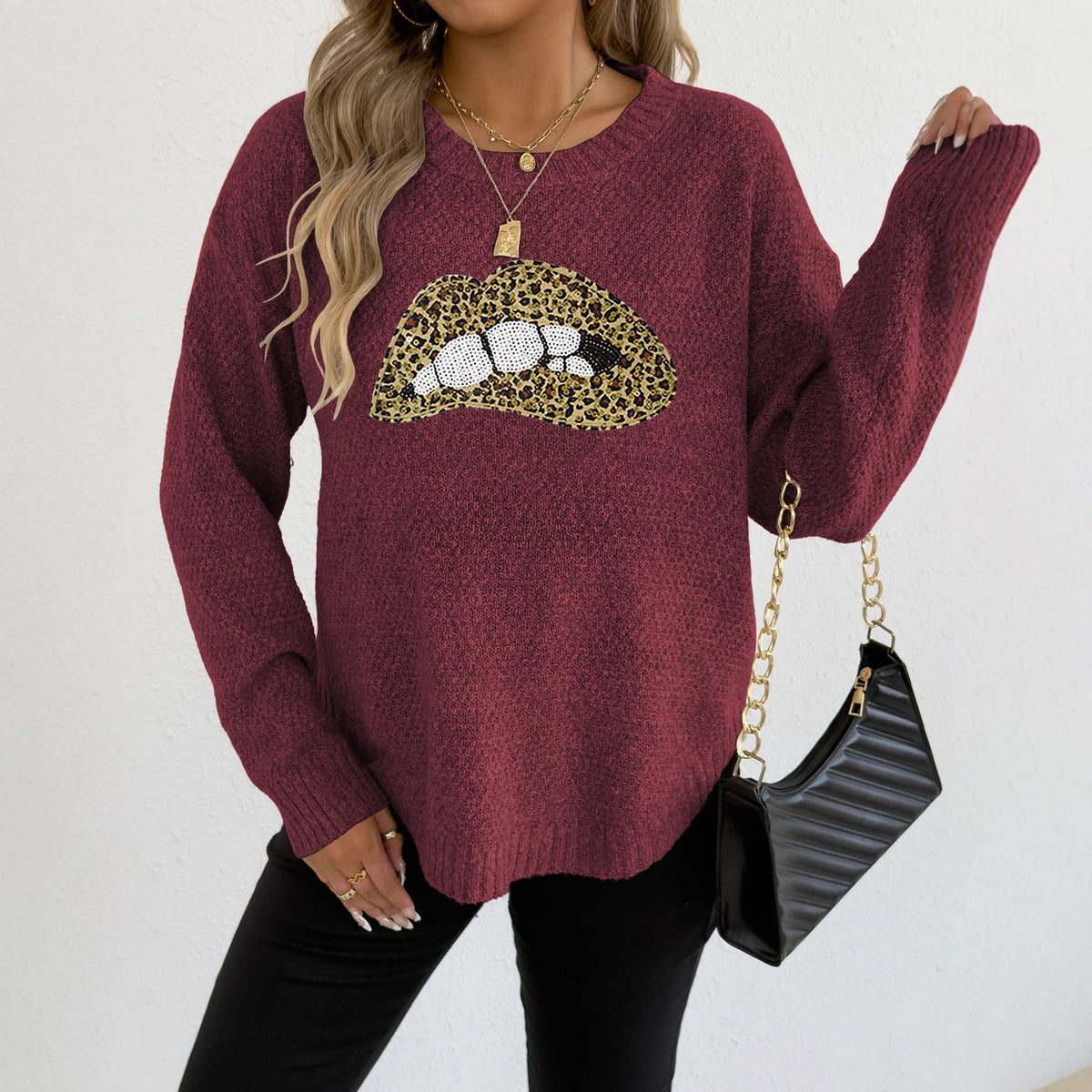 Female Leopard Print Embroidered Sequins Lips Personality Crew Neck Pullover Sweater