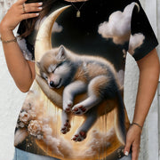 Plus Size Women's Sleep T‑Shirt – Little Wolf Cub Print, Round Neck, Soft Fabric