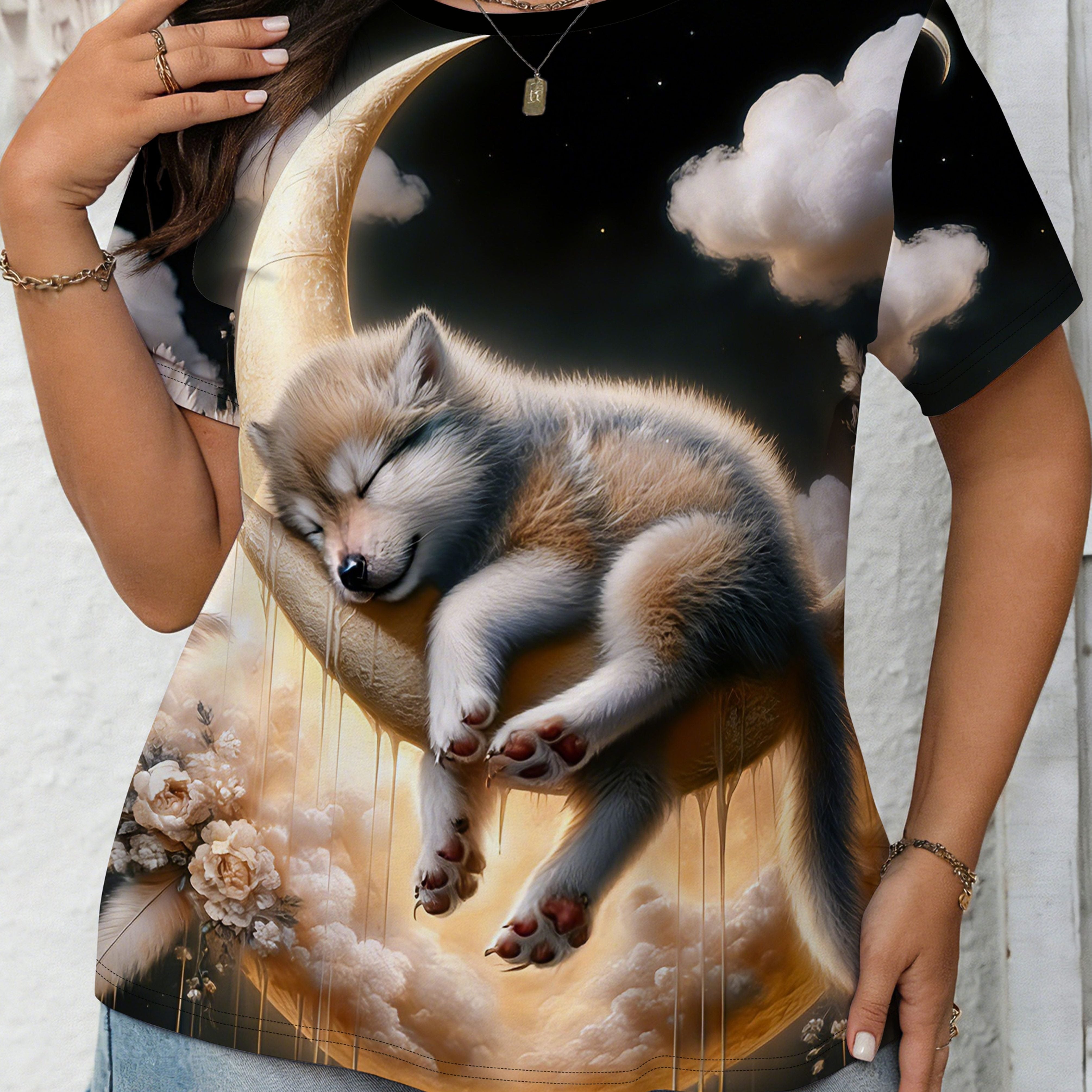 Plus Size Women's Sleep T‑Shirt – Little Wolf Cub Print, Round Neck, Soft Fabric