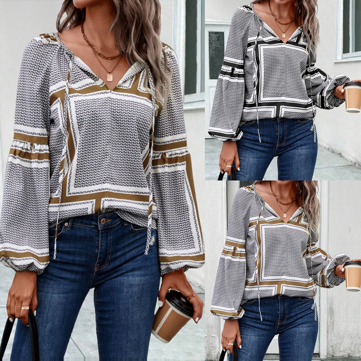 Fashion Lantern Sleeve Printed Shirt Women's Clothing