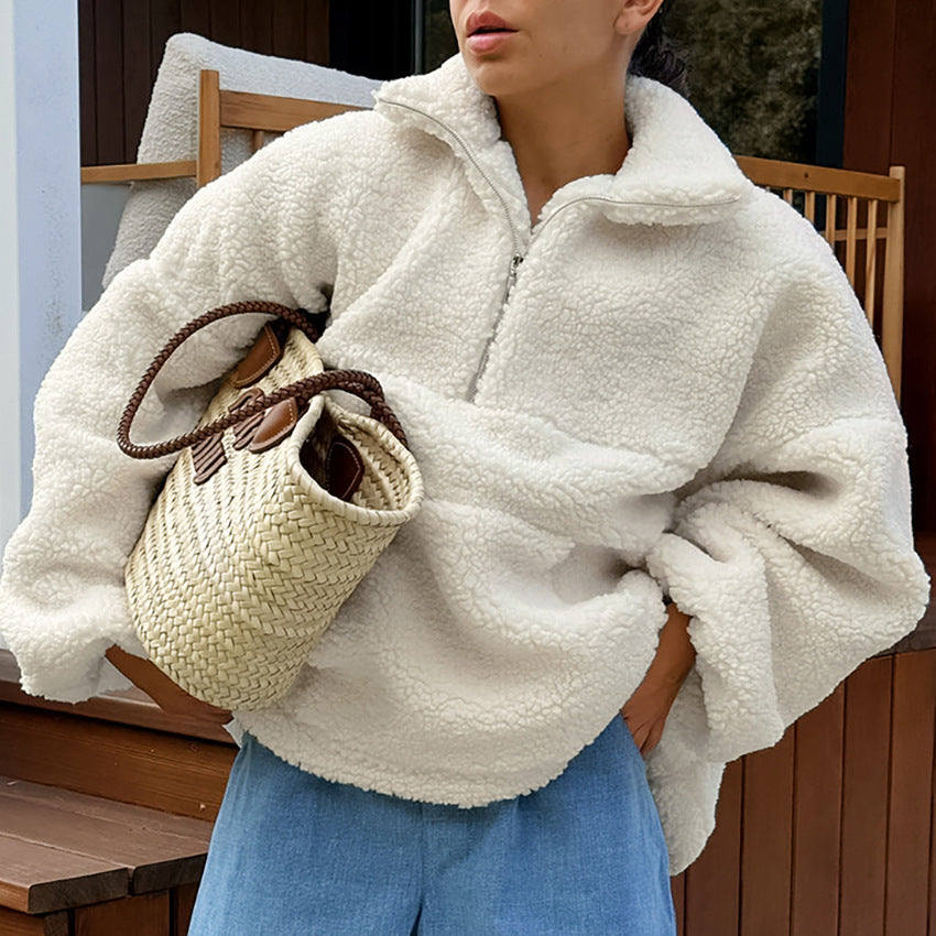 Cozy Beige Fleece Stand Collar Sweatshirt