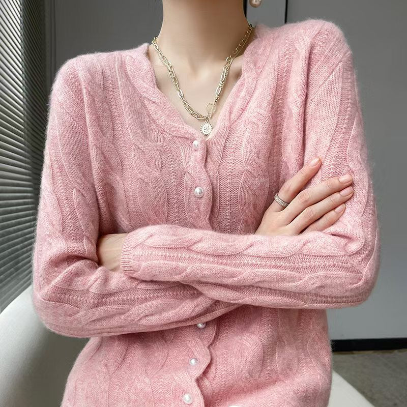 Twisted Pearl-button V-neck Outerwearlayering Top Knitted Sweater Jacket