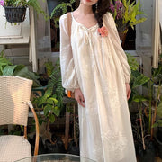 French Vintage Embroidered Lace-Up A-Line Dress