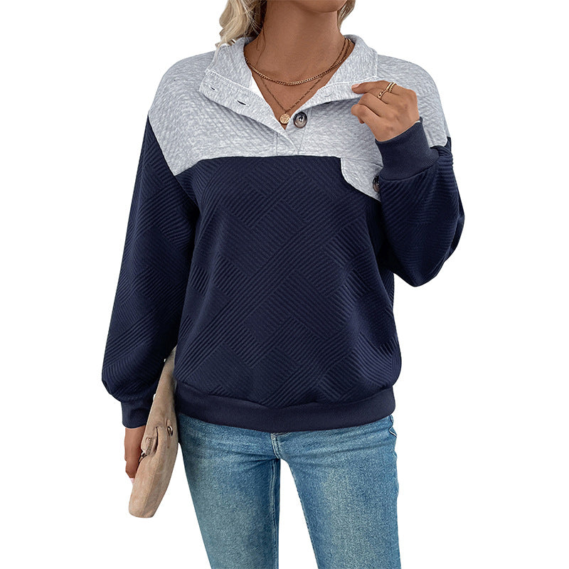 Lapel Color Matching Long-sleeved Sweater For Women