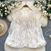 Chic V-Neck Lantern Sleeve Chiffon Ruffle Blouse