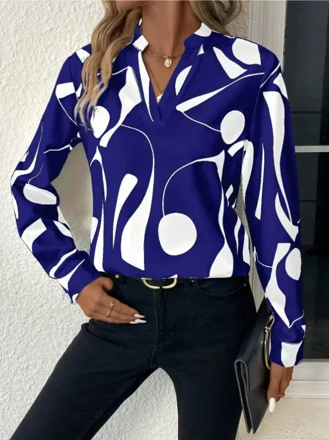 Women's Printed Notched Collar Shirt Long Sleeve