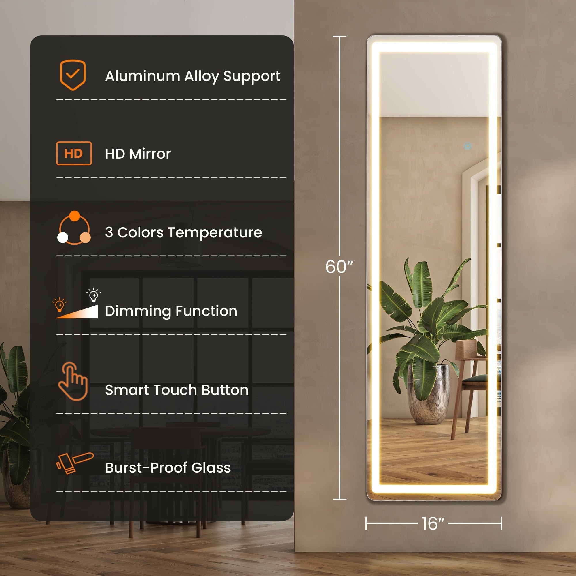 64"x21" Extra Long Full-Length Mirror with LED Lights - Modern Floor Standing or Wall-Mounted/Leaning Lighted Mirror with Touch Sensitivity, Bright LED Lighting for Home Gym, Dressing Room, Bedroom…