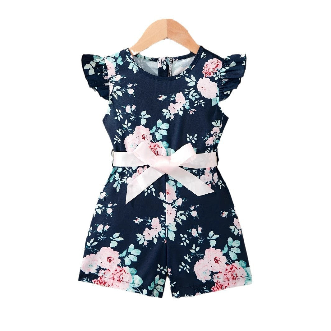 Girls' Flower Printed Jumpsuit Summer Suitable For 1-8 Years Old
