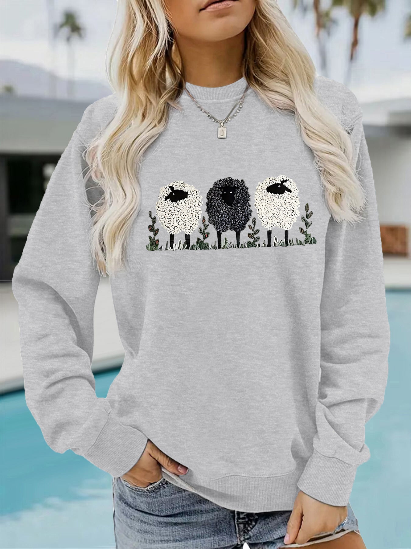 Chic Round Neck Printed Cashmere Pullover Sweater
