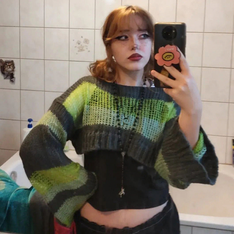 Chic Colorblock Wool Hollow Pullover Sweater