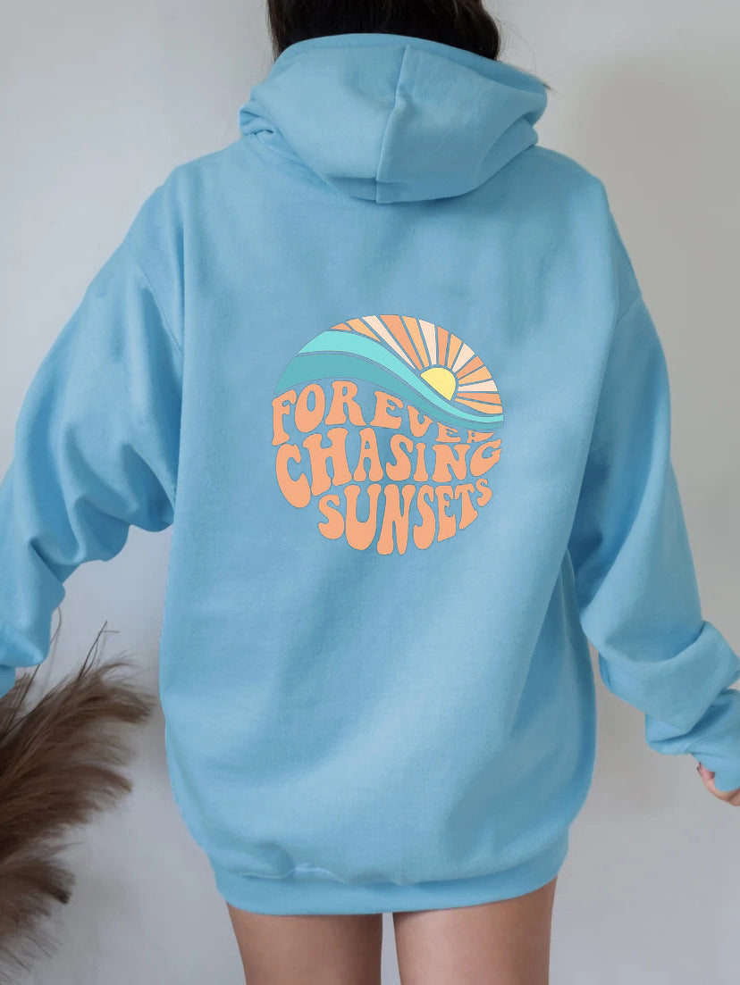 Sunset Print Fleece-Lined Kangaroo Pocket Hoodie