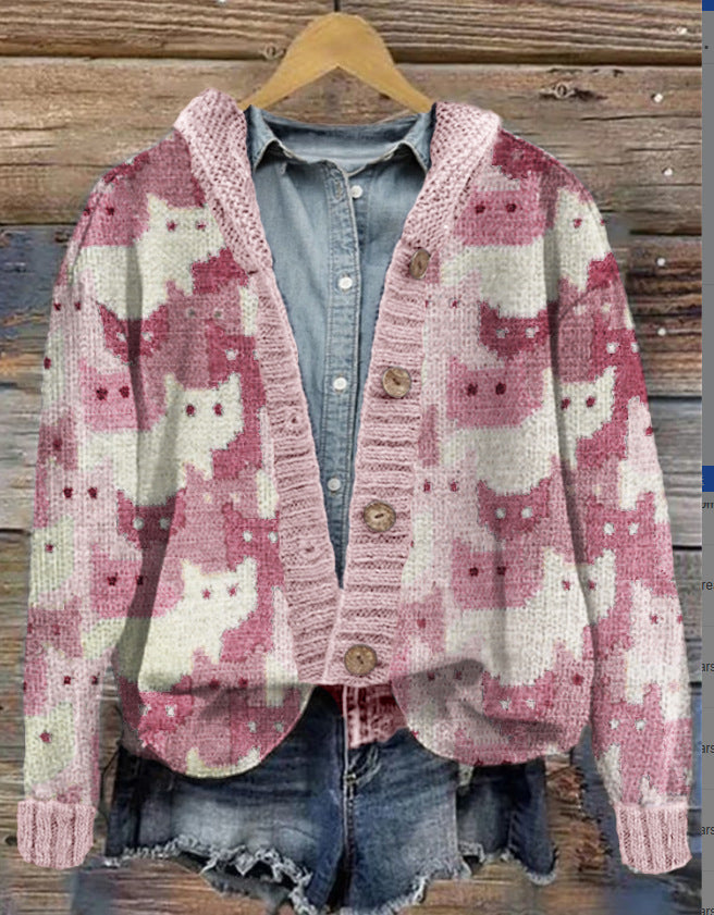 Women's 3D Digital Print Knitted Cardigan Sweater